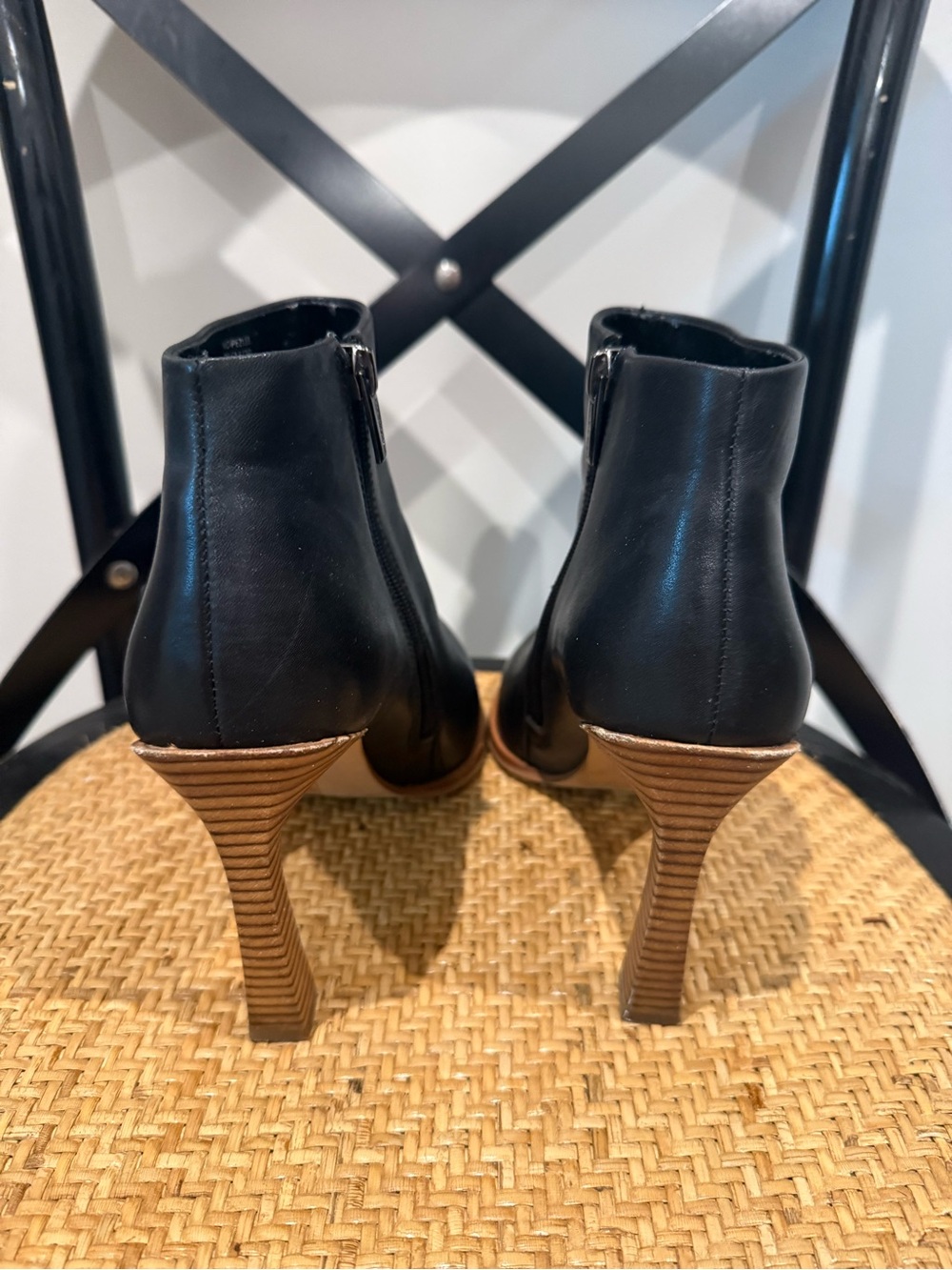 Vince Camuto Pezlee Black Leather Pointed Ankle Boot with Stacked Brown Heel - Picture 4 of 6